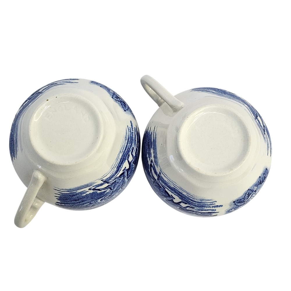 Vintage England Blue White Transferware Tea Cups Paul Revere Midnight RideSet 2 - Picture 4 of 5